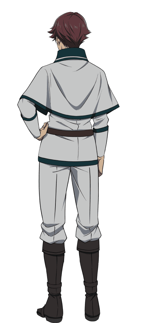 1boy, anime_coloring, back, belt, boots, brown_belt, brown_boots, brown_hair, capelet, chiyu_mahou_no_machigatta_tsukaikata, collared_shirt, from_behind, full_body, hand_on_own_hip, jacket, long_sleeves, official_art, pants, ryuusen_kazuki, shirt, short_hair, simple_background, solo, standing, tanabe_kenji, transparent_background, white_capelet, white_jacket, white_pants