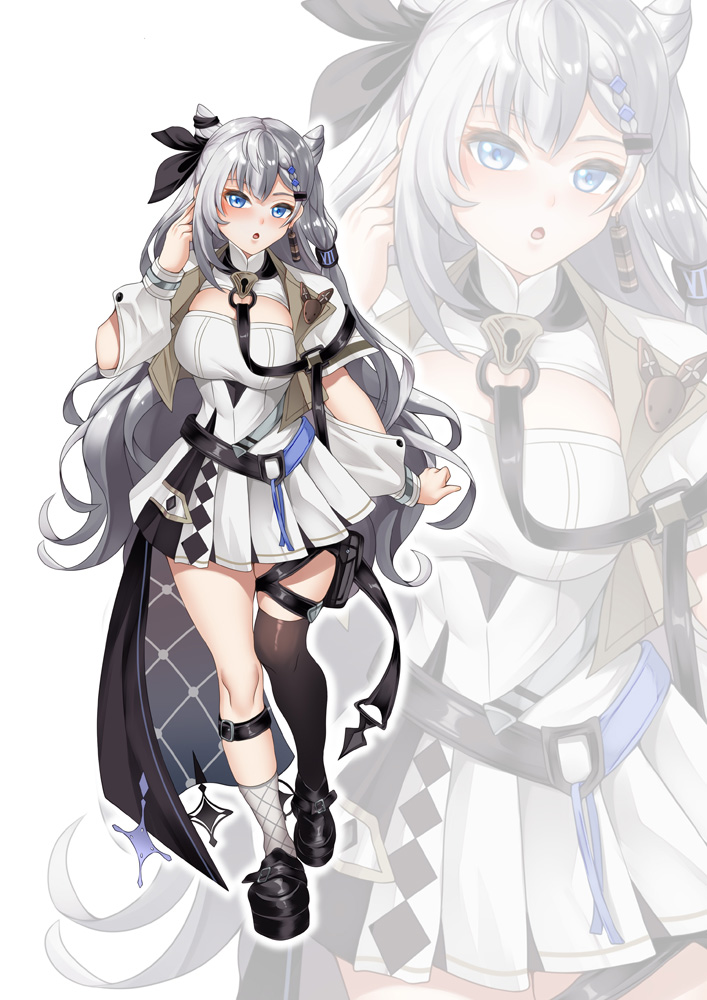 1girl, black_bow, black_thighhighs, bow, breasts, grey_eyes, grey_hair, hair_bow, haryu, hololive, hololive_indonesia, jacket, long_hair, looking_at_viewer, shirt, single_thighhigh, skirt, solo, thigh-highs, thigh_strap, very_long_hair, vestia_zeta, vestia_zeta_(1st_costume), virtual_youtuber, white_jacket, white_shirt, white_skirt, zoom_layer