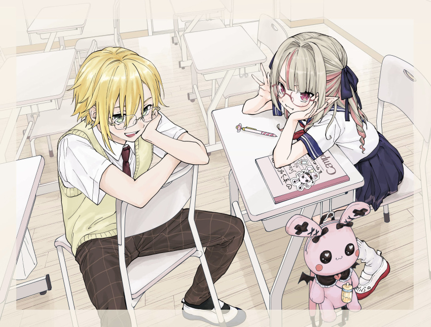 1boy, 1girl, :3, blonde_hair, border, brown_hair, brown_pants, chair