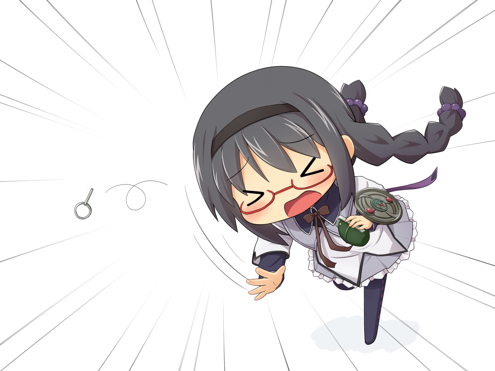 >_<, akemi_homura, black_hair, black_legwear, braid, chibi, explosive, failure