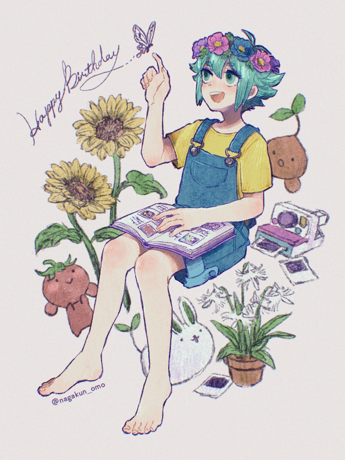1boy, 1girl, antenna_hair, barefoot, basil_(headspace)_(omori), basil_(omori), blue_overalls, camera