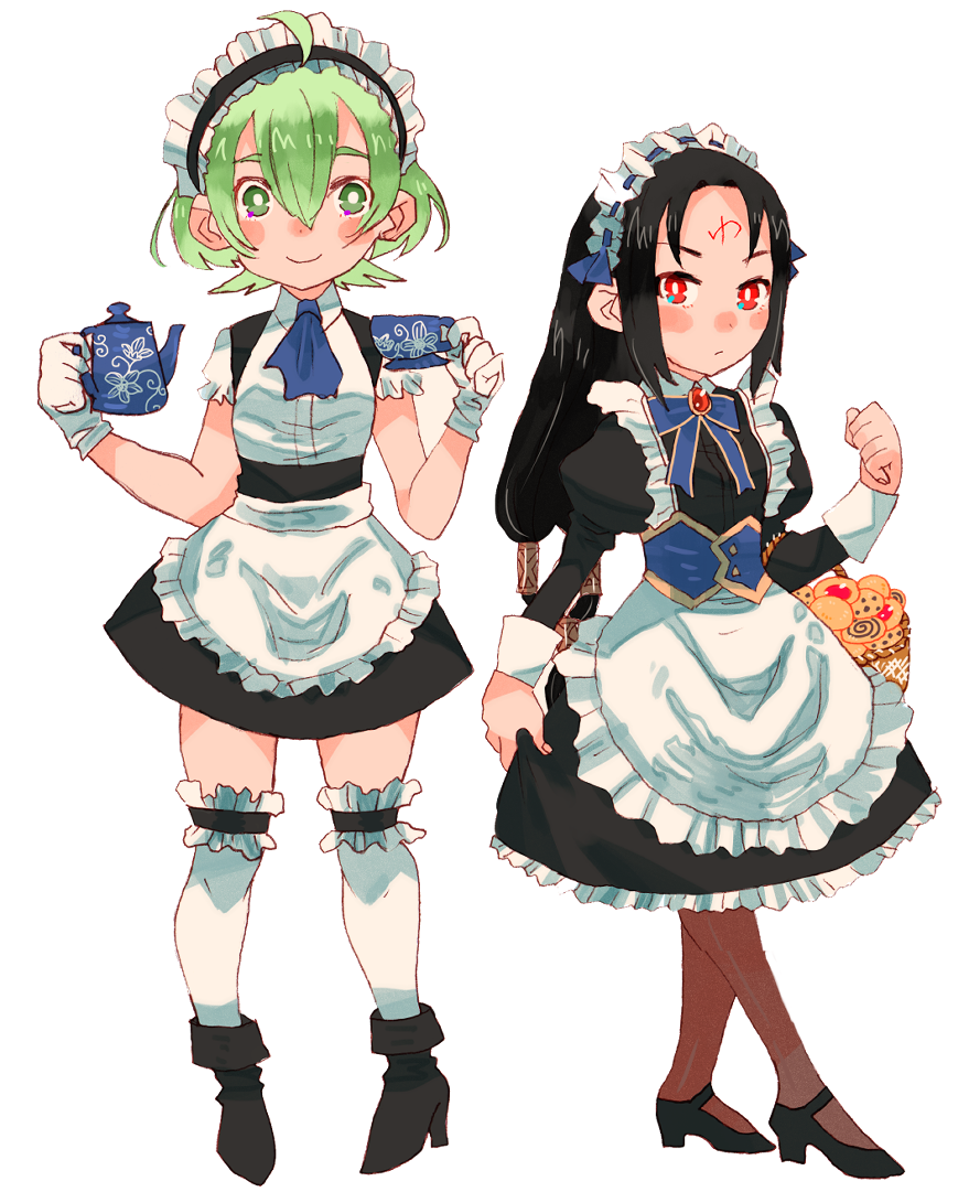 2girls, apron, basket, black_hair, bright_pupils, commentary_request, cookie, cup