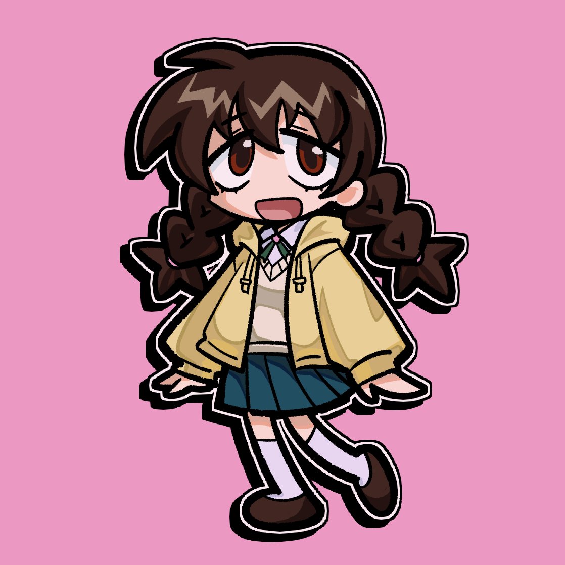 1girl, applejoople, blue_skirt, braid, brown_eyes, brown_hair, brown_shoes, chibi, chibi_only, collared_shirt, english_commentary, full_body, gigantic_drive, green_ribbon, hood, hood_down, hoodie, long_hair, long_sleeves, looking_at_viewer, misaki_nanao, open_clothes, open_hoodie, open_mouth, outline, pink_background, pleated_skirt, ribbon, shirt, shoes, simple_background, skirt, smile, socks, solo, twin_braids, twintails, vest, white_outline, white_shirt, white_socks, yellow_hoodie, yellow_vest