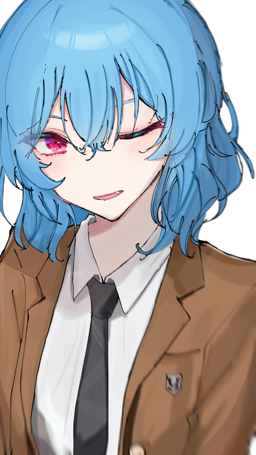 1girl, alternate_costume, black_necktie, brown_jacket, fang, hair_between_eyes, highres, jacket, looking_at_viewer, medium_hair, necktie, one_eye_closed, open_clothes, open_jacket, parted_lips, purple_hair, red_eyes, remilia_scarlet, shimesaba, shirt, simple_background, smile, solo, touhou, white_background, white_shirt