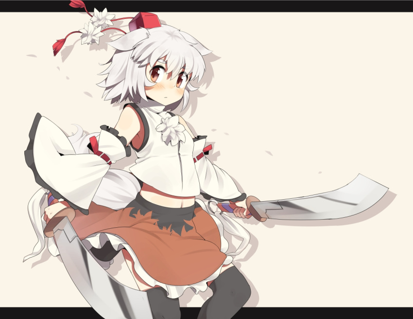 animal_ears, bare_shoulders, black_legwear, brown_eyes, detached_sleeves, dual_wielding, hat, inubashiri_momiji