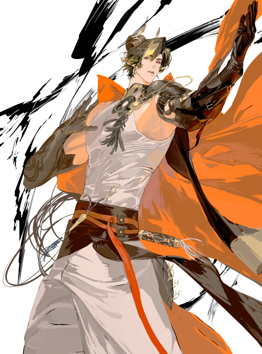 1boy, absurdres, arknights, arm_tattoo, armor, asymmetrical_armor, black_coat, black_collar, black_gloves, black_hair, black_skin, black_tail, blonde_hair, chinese_clothes, chongyue_(arknights), coat, coat_on_shoulders, collar, colored_extremities, colored_skin, cowboy_shot, dragon_boy, dragon_horns, dragon_tail, earrings, elbow_gloves, fighting_stance, from_below, gloves, hair_between_eyes, highres, horns, ink_splatter, jewelry, lomizuki, male_focus, mandarin_collar, martial_arts, multicolored_hair, multiple_horns, orange_coat, orange_sash, pants, pointy_ears, red_eyes, shirt, short_hair, shoulder_armor, single_bare_shoulder, single_glove, sleeveless, sleeveless_shirt, solo, streaked_hair, tail, tassel, tattoo, two-sided_coat, two-sided_fabric, white_background, white_pants, white_shirt