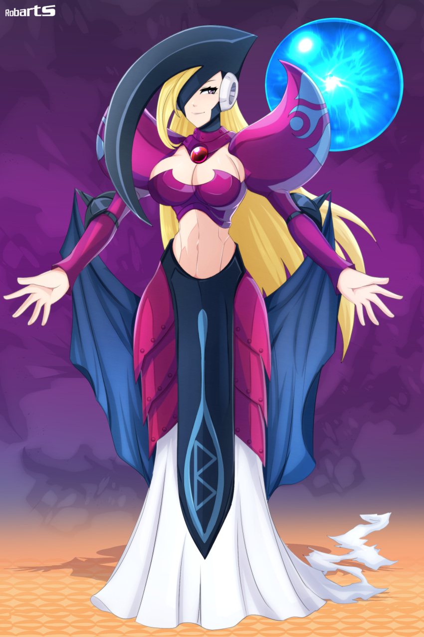 abs, absurdres, android, armor, armored_dress, axasempai, berkana_(mega_man), black_cape, blonde_hair, blue_eyes, breastplate, breasts, capcom, cape, chest_jewel, cleavage_cutout, clothing_cutout, cosplay, couter, dress, elbow_pads, energy_ball, energy_orb, gradient_background, headphones, highres, jeweled_hat, joints, large_breasts, long_dress, long_hair, long_sleeves, mega_man_(series), mega_man_x_(series), mega_man_x_dive, mega_man_xtreme_2, midriff, navel, one_eye_covered, orb, outstretched_arms, pelvic_curtain, plate_armor, purple_armor, purple_background, purple_dress, robot, robot_girl, robot_joints, rondel, shoulder_armor, shoulder_spikes, spiked_couter, spikes, spread_arms, the_legend_of_zelda, the_legend_of_zelda:_oracle_of_ages, torn_clothes, turtleneck, veran, violet_eyes, white_dress, witch