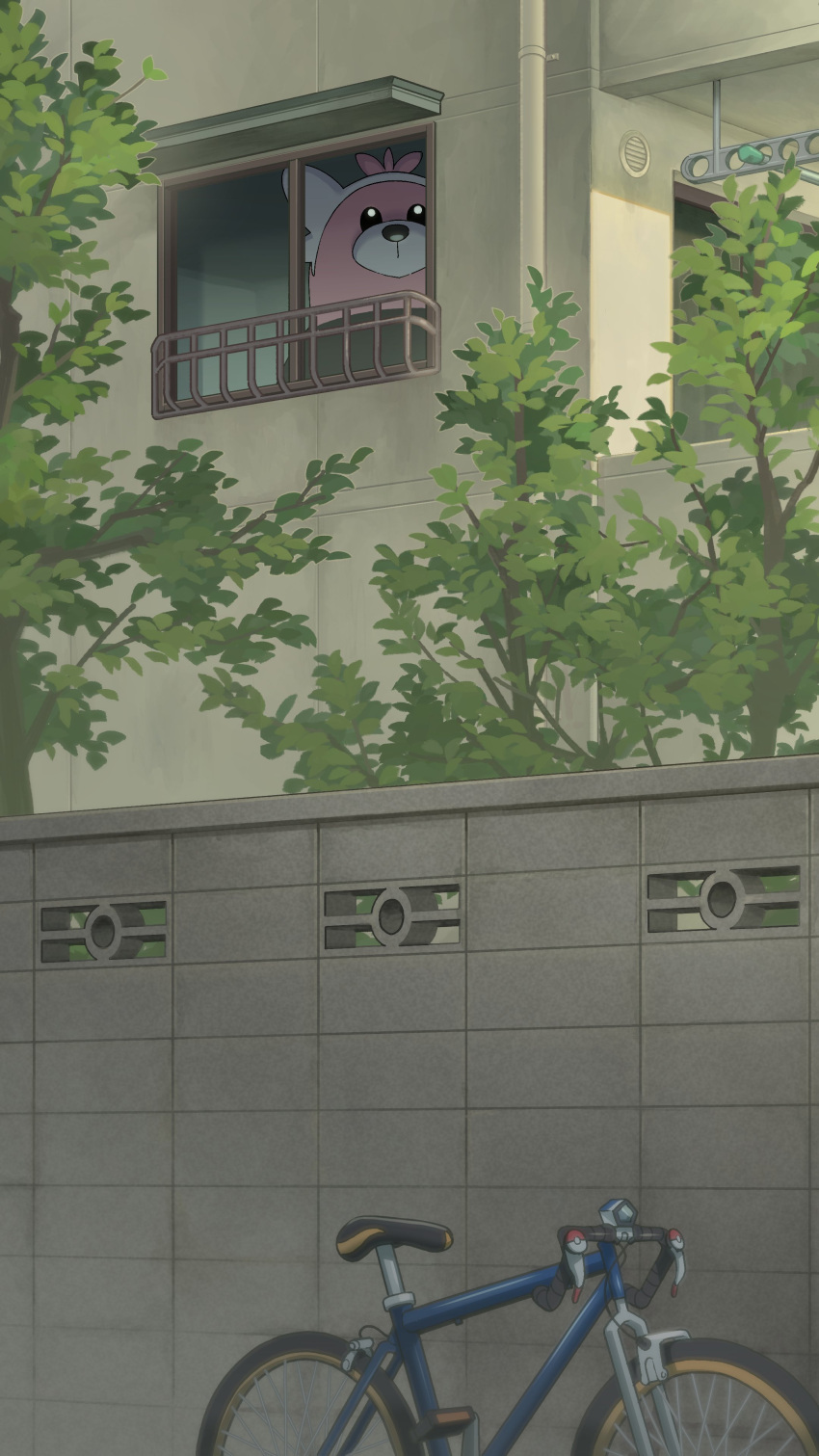 absurdres, animal_focus, bear, bewear, bicycle, closed_mouth, fyan_sui, highres, house, looking_at_viewer, no_humans, pokemon, pokemon_(creature), pokemon_focus, pokemon_sleep, tree, upper_body, window