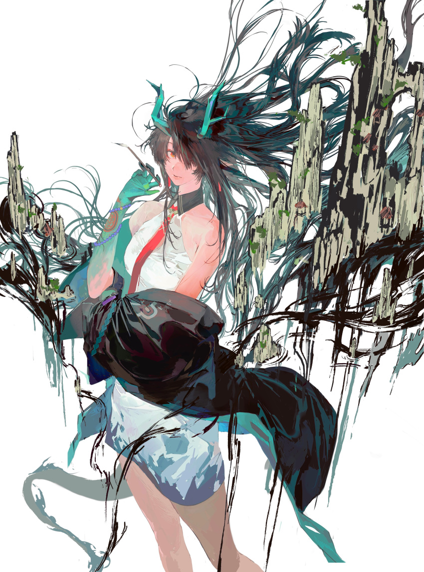 1girl, absurdres, arknights, arm_tattoo, bare_shoulders, bead_bracelet, beads, black_collar, black_hair, blue_dress, bracelet, breasts, calligraphy_brush, coat, collar, colored_extremities, colored_skin, dragon_girl, dragon_horns, dragon_tail, dress, dusk_(arknights), earrings, eastern_dragon_horns, eastern_dragon_tail, feet_out_of_frame, floating, floating_object, floating_rock, from_above, gradient_hair, gradient_skin, green_coat, green_hair, green_horns, green_skin, hair_over_one_eye, hair_spread_out, highres, holding, holding_calligraphy_brush, holding_paintbrush, horns, ink_splatter, jewelry, lomizuki, long_hair, long_sleeves, looking_at_viewer, medium_breasts, multicolored_coat, multicolored_hair, necktie, off-shoulder_coat, off_shoulder, paintbrush, pointy_ears, red_eyes, red_necktie, rockery, simple_background, sleeveless, sleeveless_dress, solo, tail, tassel, tassel_earrings, tattoo, two-sided_coat, two-sided_fabric, two-tone_coat, two-tone_dress, two-tone_hair, white_background, white_dress