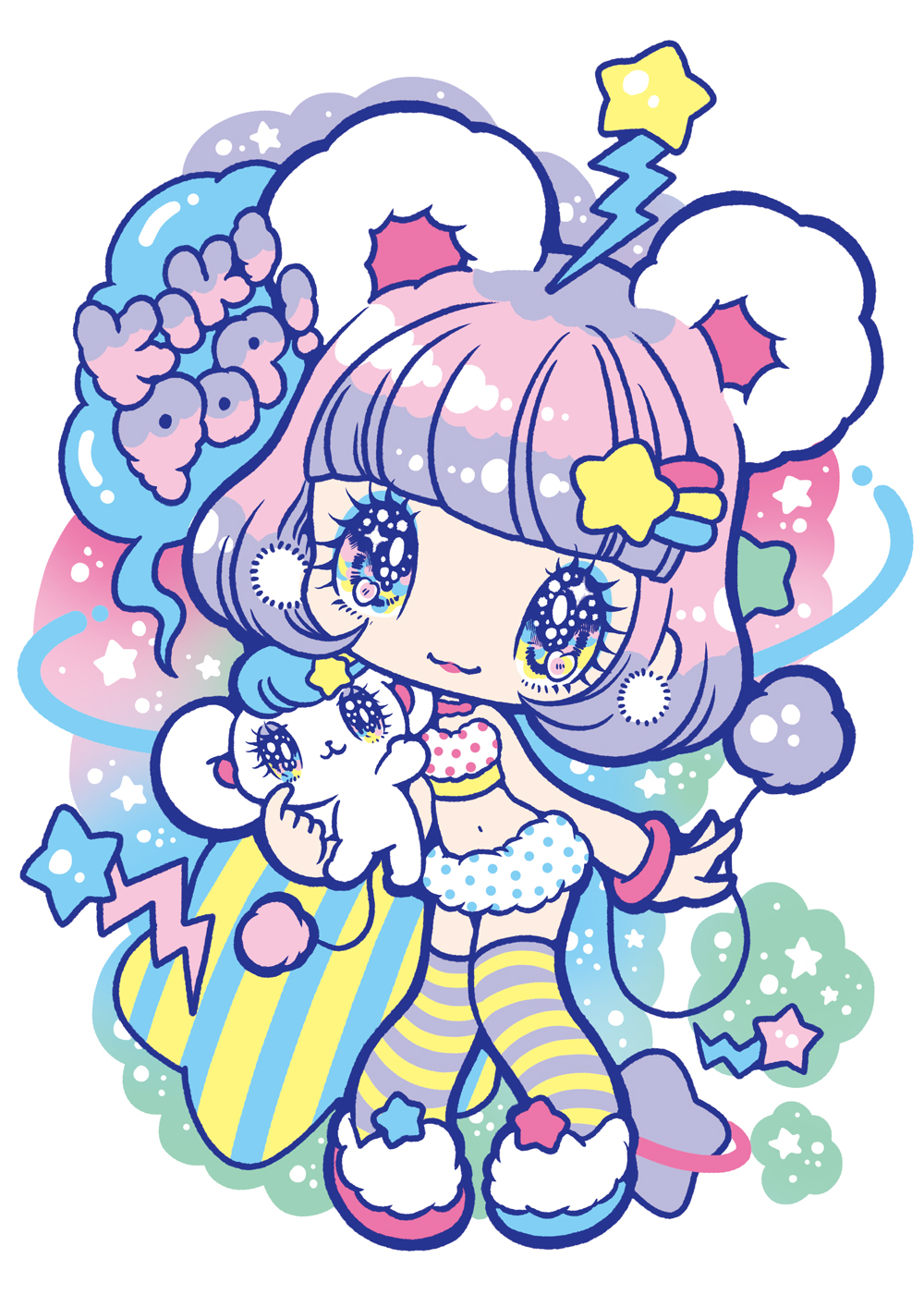 2girls, :3, antennae, blue_eyeshadow, blue_hair, cosplay, crop_top, eyelashes, eyeshadow, furry, furry_female, hair_ornament, hairclip, highres, makeup, melo_(peropero_sparkles), melo_(peropero_sparkles)_(cosplay), mouse_(animal), mouse_girl, mouse_tail, multicolored_hair, multiple_girls, peropero_sparkles, pink_hair, polka_dot, polka_dot_skirt, purple_eyeshadow, purple_hair, red_lips, sekiya_yurie, skirt, star_(symbol), striped_clothes, striped_thighhighs, tail, thigh-highs, two-tone_hair, yume_kawaii