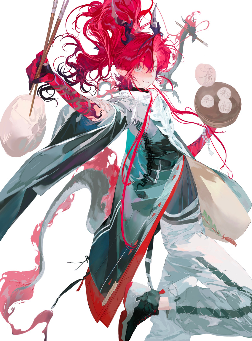 1boy, absurdres, aqua_coat, aqua_eyes, arknights, bamboo_steamer, belt_charm, black_coat
