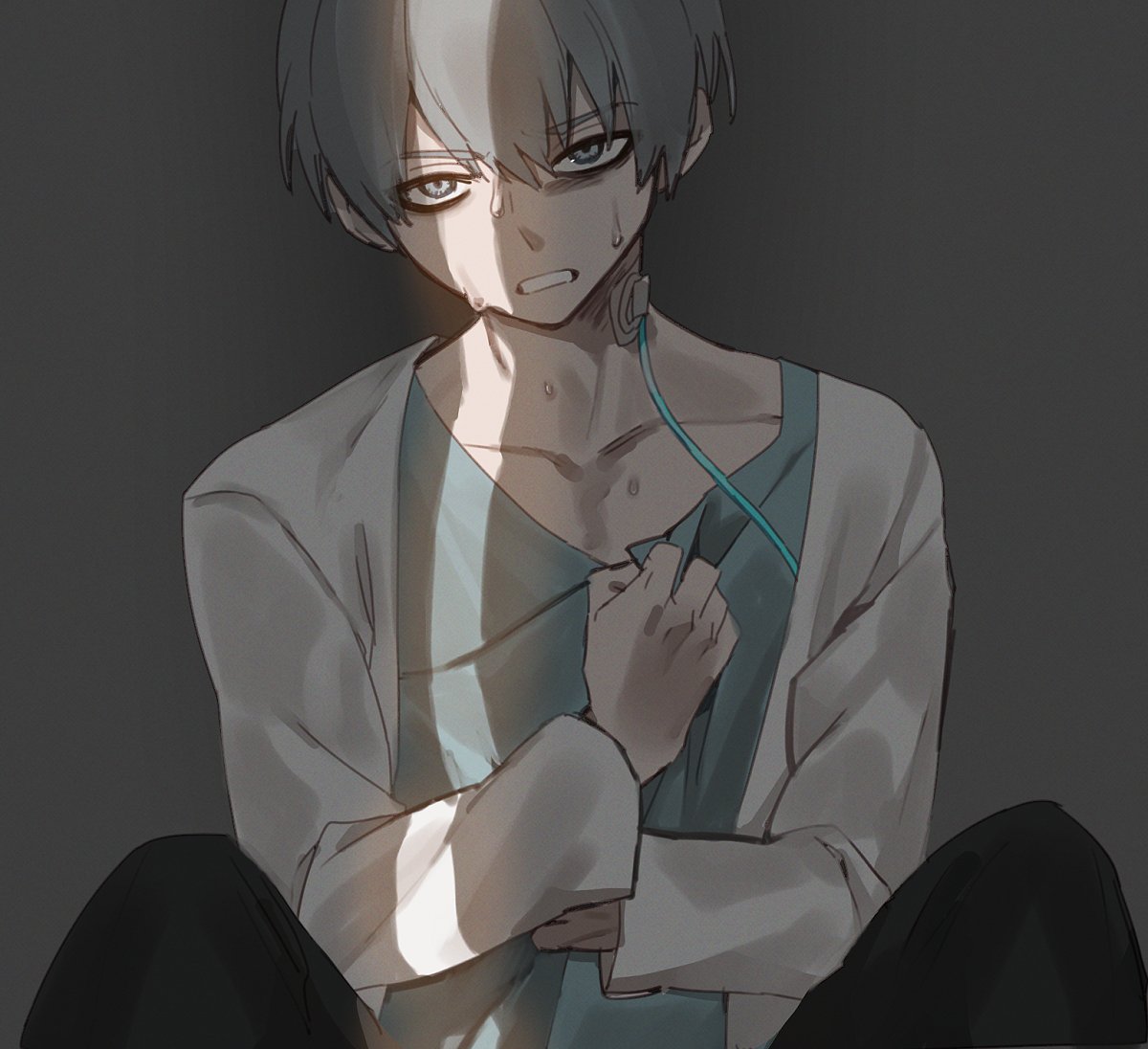 1boy, black_pants, calyx_(ff14), clutching_chest, commentary_request, crack_of_light, final_fantasy, final_fantasy_xiv