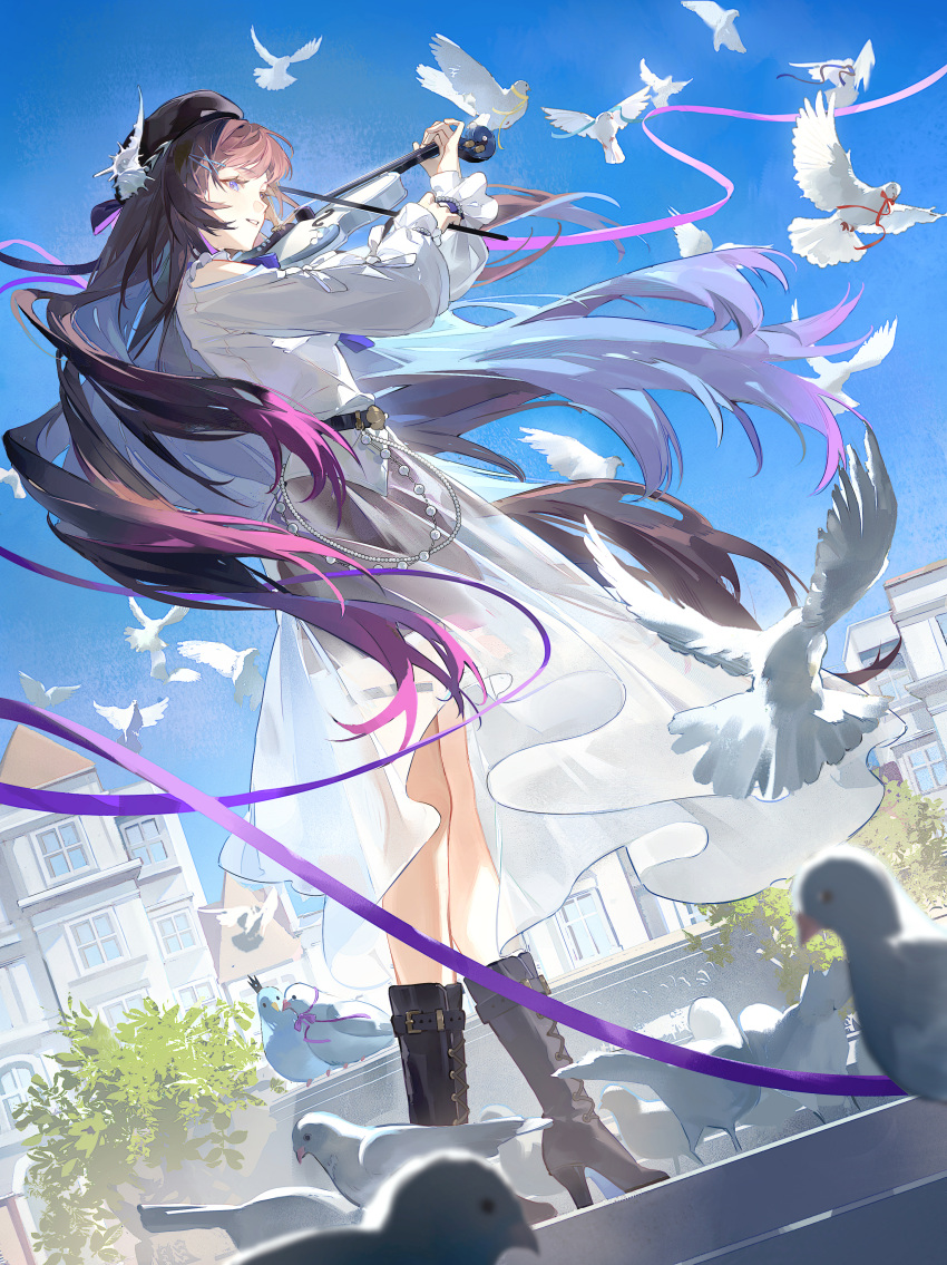 1girl, absurdres, bird, black_boots, blue_sky, boots, clothing_cutout, dress, floating_hair, full_body, hair_ornament, high_heel_boots, high_heels, highres, holding, holding_instrument, holding_violin, honkai:_star_rail, honkai_(series), hysilens_(honkai:_star_rail), instrument, long_hair, long_sleeves, looking_to_the_side, multicolored_hair, music, official_art, outdoors, parted_lips, playing_instrument, purple_hair, second-party_source, sky, smile, standing, very_long_hair, violin, white_bird, white_dress, ye_xing_caomei