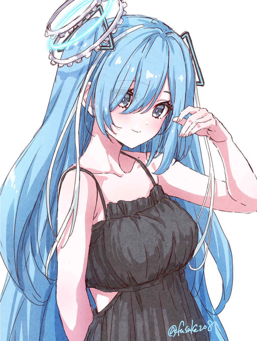 1girl, absurdres, arm_up, bare_shoulders, black_dress, blue_eyes, blue_hair, blush