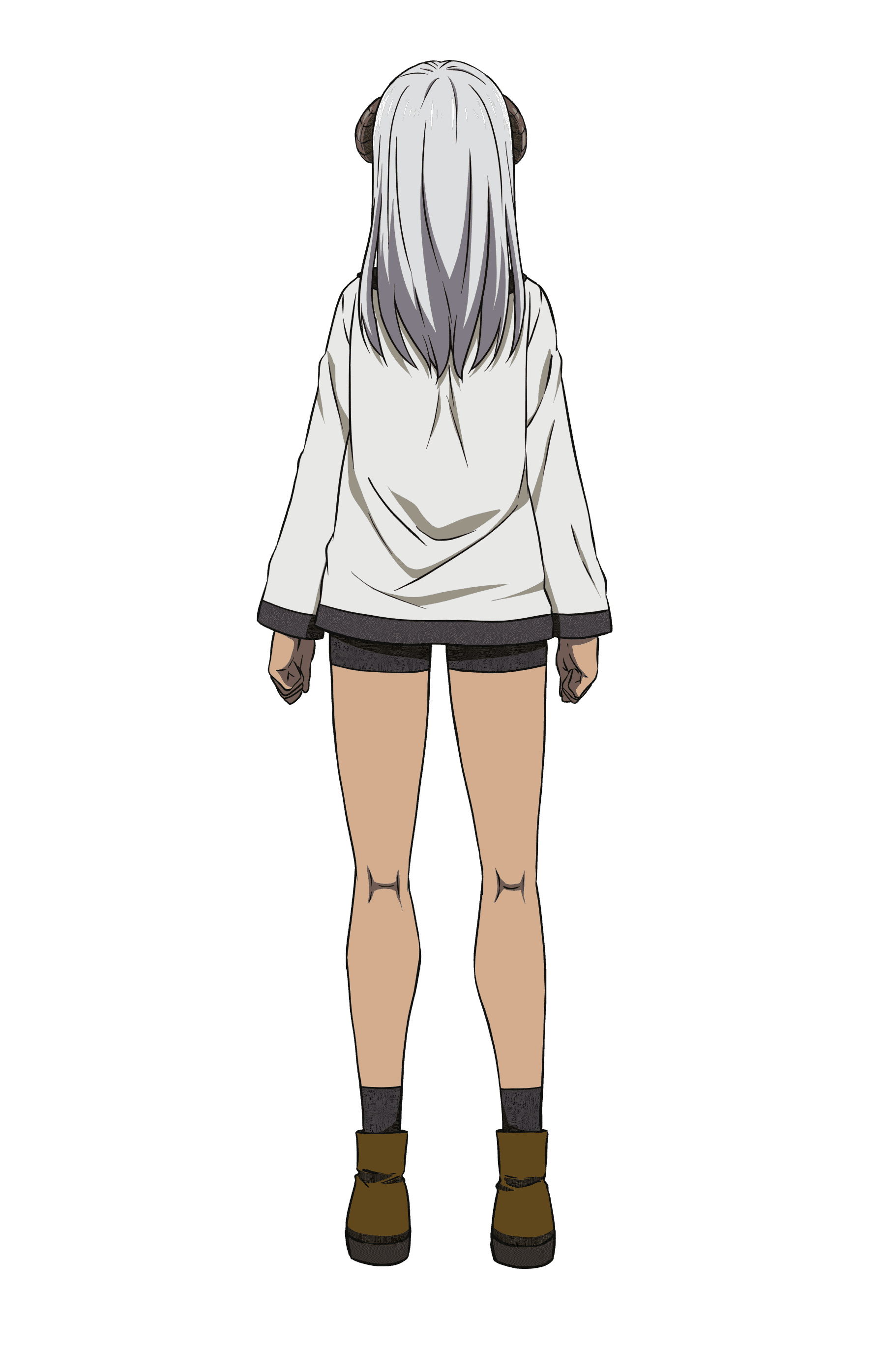 1girl, absurdres, anime_coloring, bike_shorts, black_socks, boots, brown_boots, brown_horns, chiyu_mahou_no_machigatta_tsukaikata, curled_horns, dark-skinned_female, dark_skin, felm_(chiyu_mahou), full_body, grey_hair, highres, horns, long_hair, long_sleeves, looking_at_viewer, official_art, shirt, simple_background, socks, solo, standing, tanabe_kenji, thighs, transparent_background, white_shirt