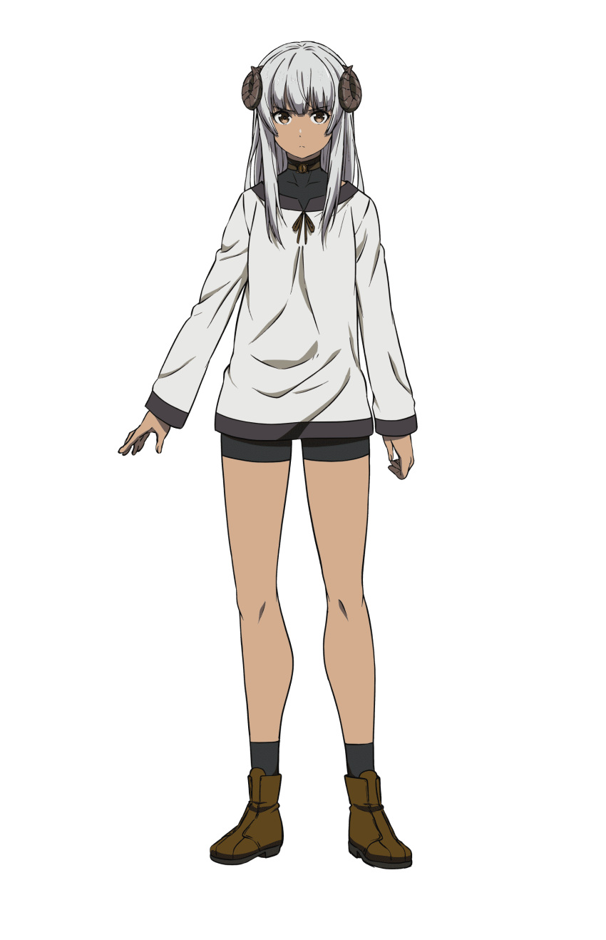 1girl, absurdres, anime_coloring, bike_shorts, black_socks, boots, brown_boots, brown_horns