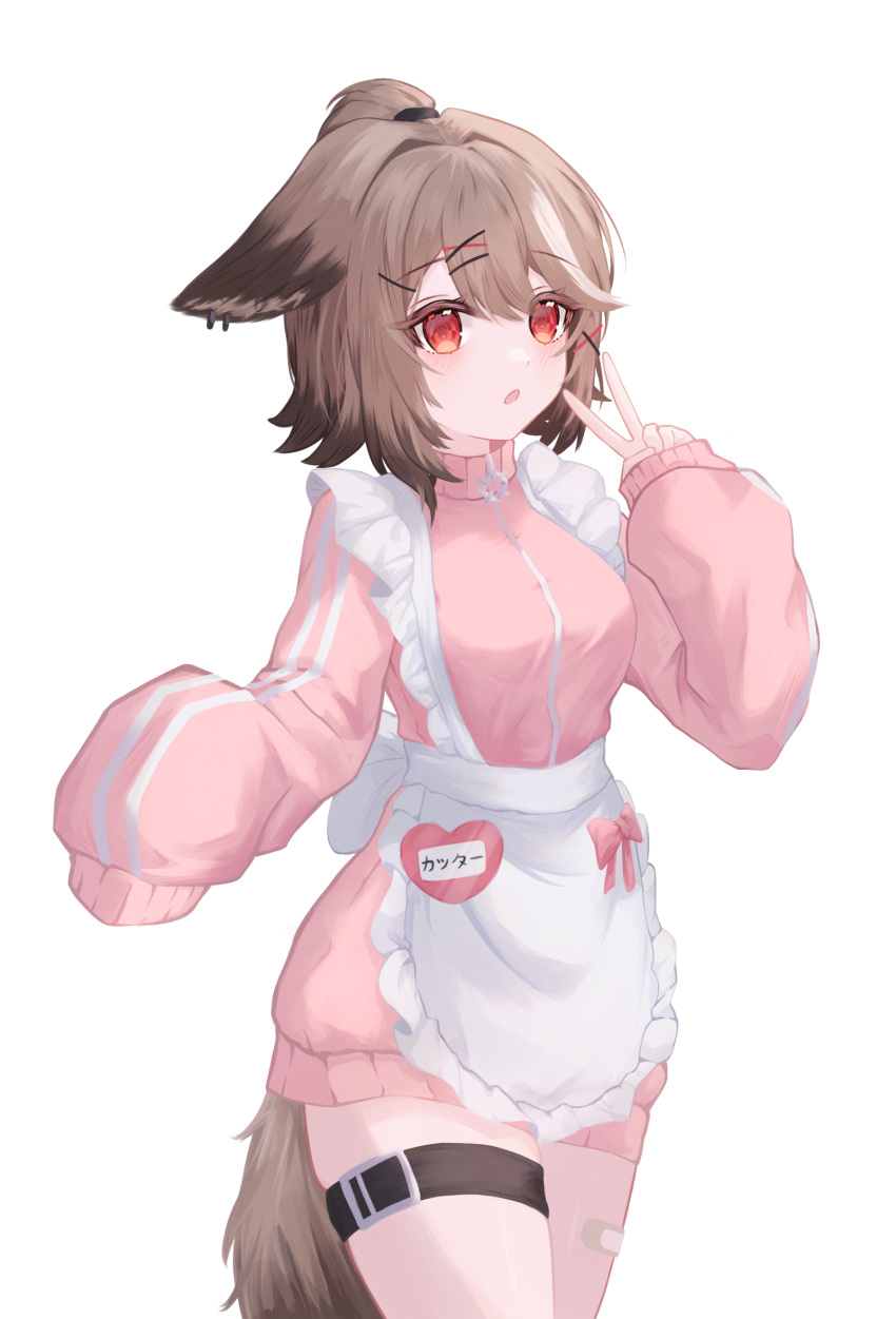 1girl, :o, absurdres, aenga_1011, animal_ear_piercing, animal_ears, apron, arknights, bandaid, bandaid_on_leg, bandaid_on_thigh, belt, belt_buckle, black_belt, blush, brown_hair, brown_tail, buckle, character_name, commentary, cowboy_shot, cutter_(arknights), frilled_apron, frills, hair_between_eyes, hair_ornament, hairclip, highres, jacket, jersey_maid, looking_at_viewer, maid, maid_apron, open_mouth, pink_jacket, pink_shorts, red_eyes, short_hair, shorts, simple_background, single_sleeve_past_fingers, single_sleeve_past_wrist, solo, standing, tail, thigh_belt, thigh_strap, topknot, track_suit, unconventional_maid, v, waist_apron, white_apron, white_background, x_hair_ornament