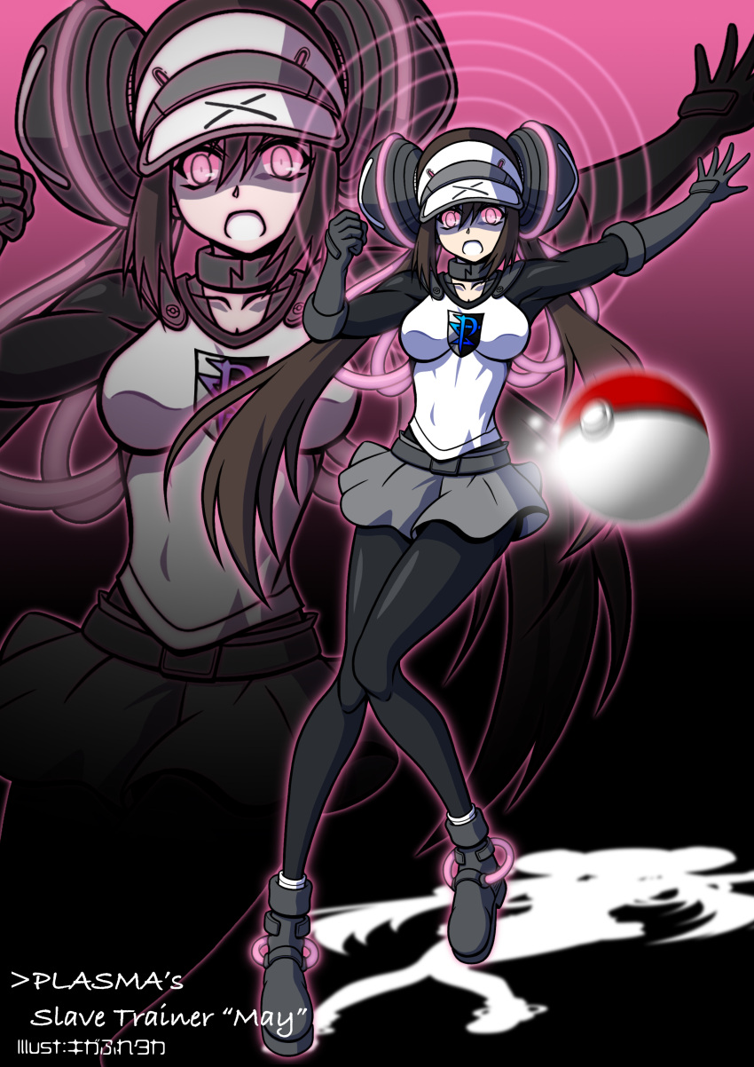 absurdres, belt, black_leggings, brown_hair, choker, clenched_teeth, colored_sclera, corruption