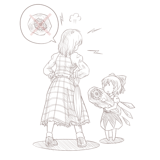 anger_vein, angry, ao_usagi, barefoot, cirno, closed_umbrella, comic, dress, flower, frozen, ice, kazami_yuuka, monochrome, multiple_girls, parasol, plaid, plaid_skirt, plaid_vest, short_hair, silent_comic, simple_background, skirt, skirt_set, speech_bubble, spoken_flower, sunflower, touhou, umbrella, youkai