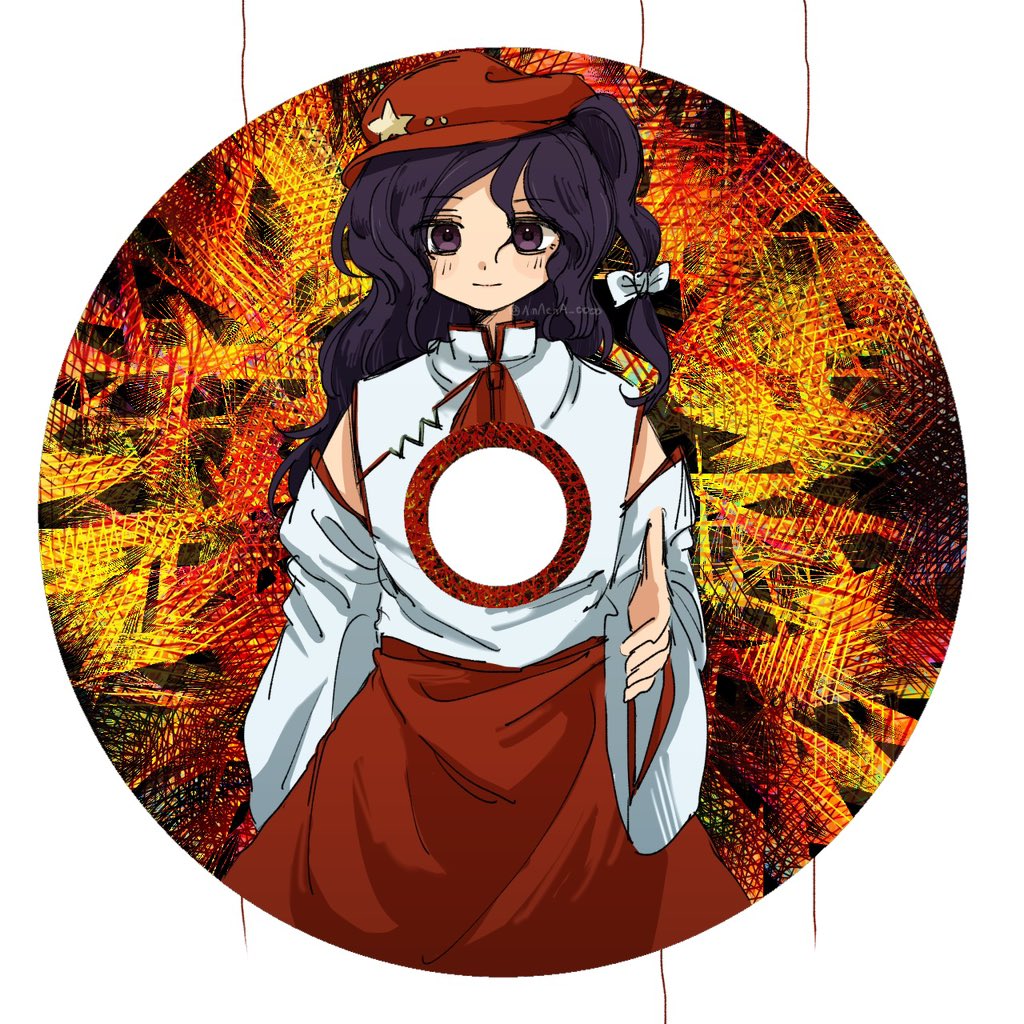 1girl, abstract_background, amacha_0000, bare_shoulders, cd, closed_mouth, commentary_request, cowboy_shot