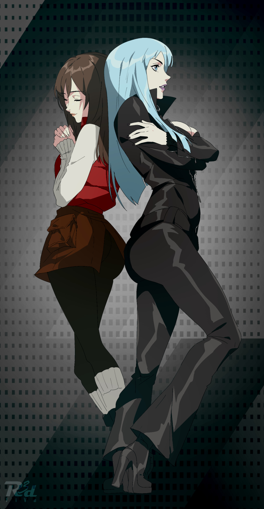 2girls, absurdres, ass, atlus, blue_eyes, blue_hair, bodysuit, breasts