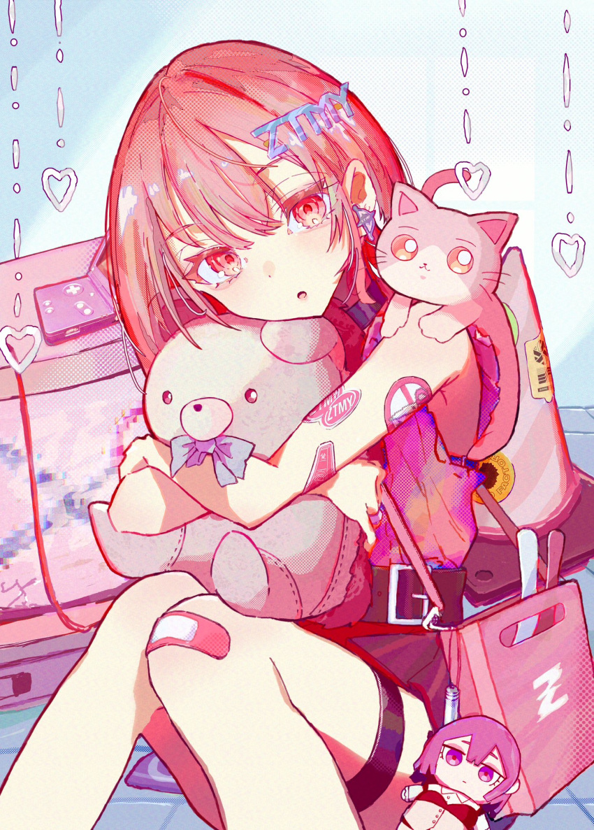 1girl, :o, bag, baka_janai_noni_(zutomayo), bandaid, bandaid_on_knee, bandaid_on_leg, belt, black_belt, black_skirt, bob_cut, brown_hair, cat, character_charm, charm_(object), earrings, ginger_strings_(zutomayo), hair_between_eyes, hair_ornament, hedgehog, highres, holding, holding_stuffed_toy, jewelry, kukatachi, nira-chan, nira-chan_(baka_janai_noni)_(zutomayo), on_floor, pink_bag, purple_shirt, red_eyes, shirt, short_hair, shoulder_bag, sitting, skirt, sleeveless, sleeveless_shirt, sticker_on_arm, stuffed_hedgehog, stuffed_toy, text_hair_ornament, thigh_strap, uniguri_(zutomayo), zutto_mayonaka_de_ii_no_ni