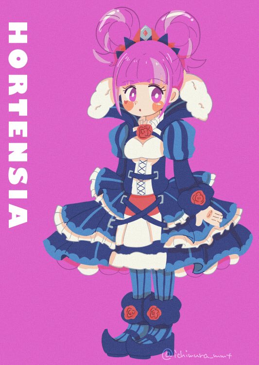 1girl, :o, arched_bangs, blue_dress, blue_shoes, blush, character_name, commentary