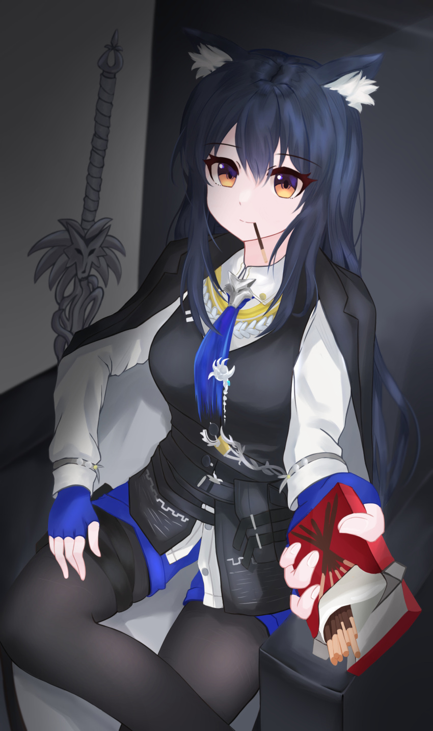1girl, absurdres, aenga_1011, animal_ear_fluff, animal_ears, arknights, black_hair, black_jacket