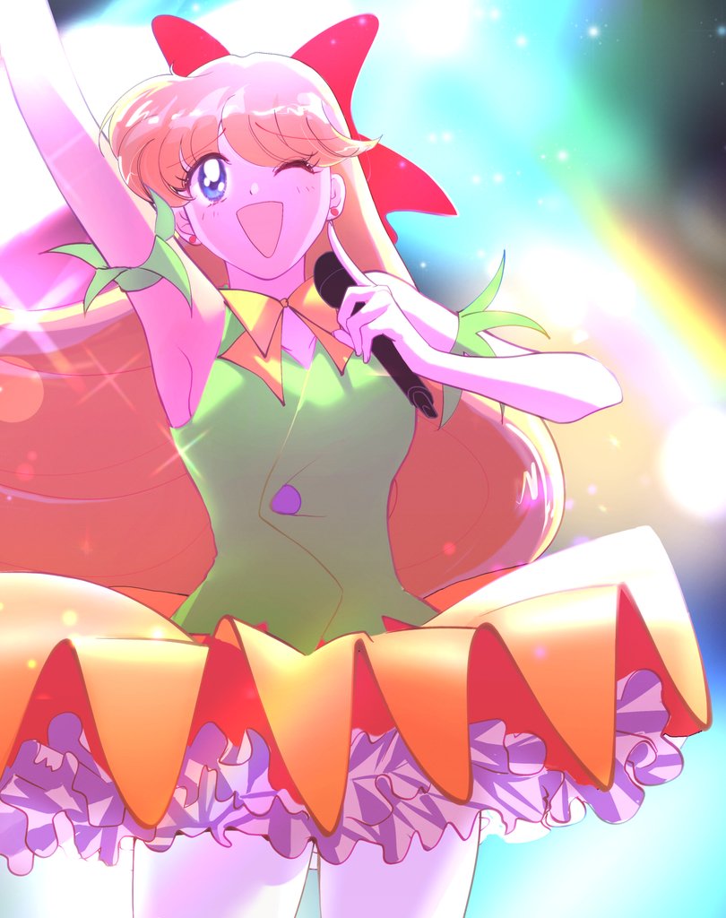 1girl, aino_minako, bishoujo_senshi_sailor_moon, blonde_hair, blue_eyes, bow, concert, glowstick