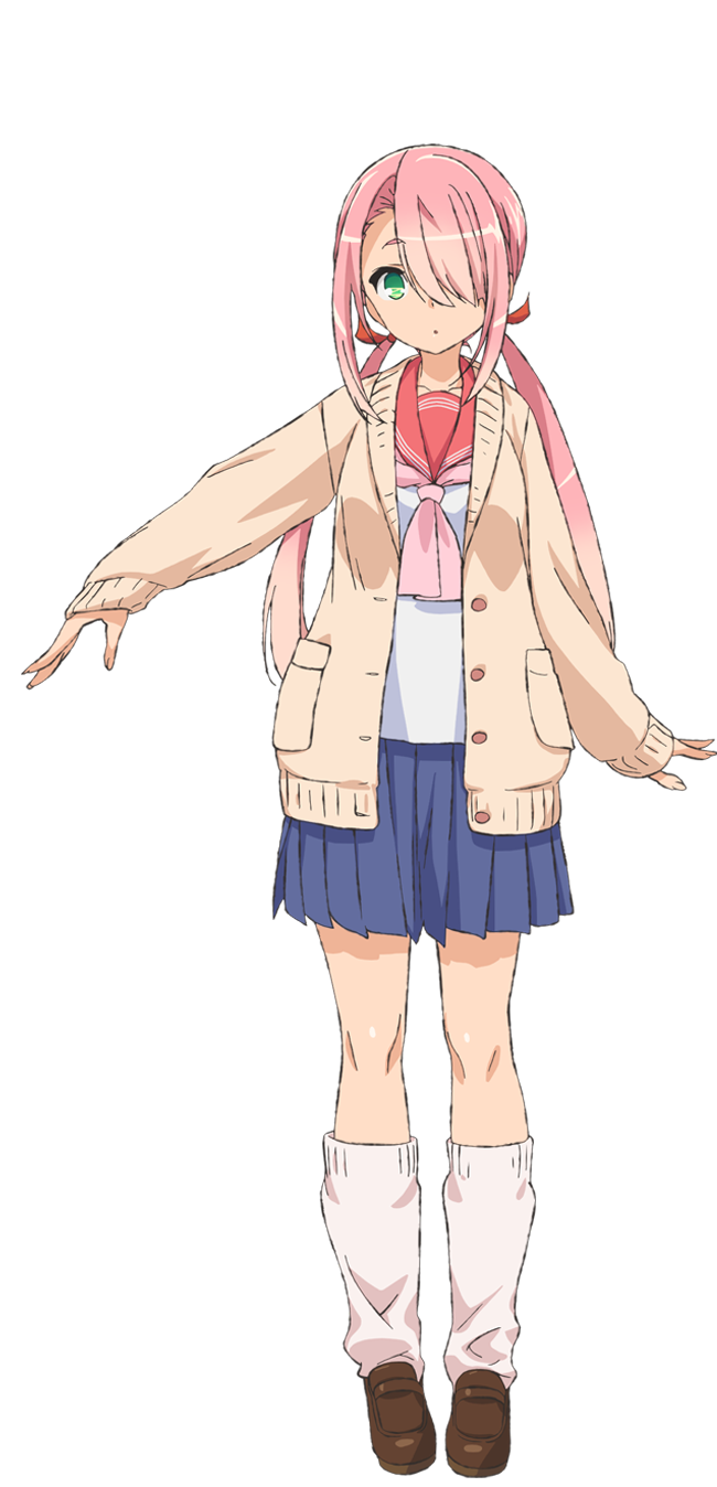 1girl, anime_coloring, blue_skirt, breasts, cardigan, closed_mouth, full_body, green_eyes, hair_over_one_eye, hair_ribbon, highres, hikage_naka, kimi_wa_meido-sama, kurashima_tomoyasu, large_breasts, loafers, long_hair, long_sleeves, looking_at_viewer, loose_socks, low_twintails, official_art, pink_hair, pink_ribbon, pink_sailor_collar, pleated_skirt, red_ribbon, ribbon, ribbon_trim, sailor_collar, school_uniform, serafuku, shoes, simple_background, skirt, socks, solo, standing, transparent_background, twintails, white_socks