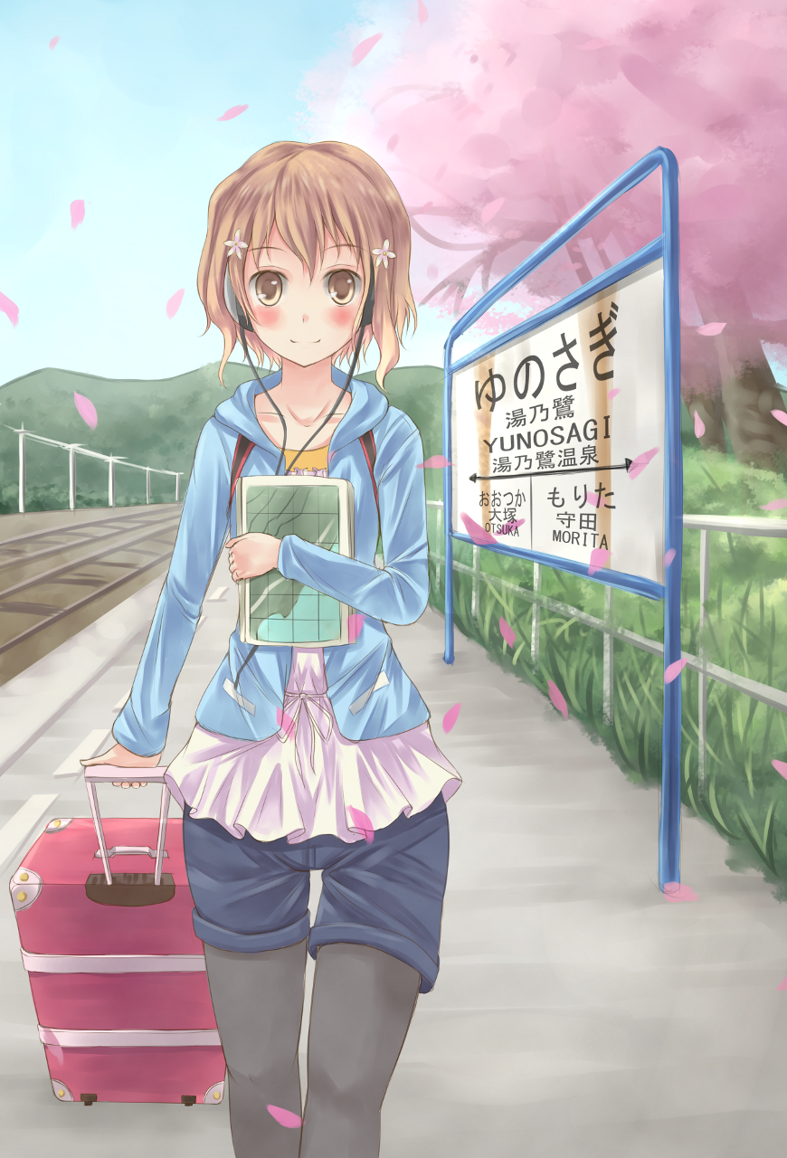bag, black_legwear, blush, brown_eyes, brown_hair, cherry_blossoms, flower, hair_flower