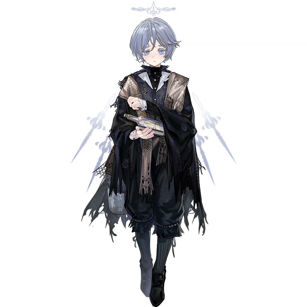 1boy, aged_down, andoain_(arknights), andoain_(young)_(arknights), arknights, blue_eyes, blue_hair, bottle, chuzenji, full_body, holding, holding_bottle, looking_at_viewer, male_focus, official_alternate_costume, official_art, patch, patchwork_clothes, short_hair, simple_background, solo, standing, tachi-e, third-party_source, transparent_background