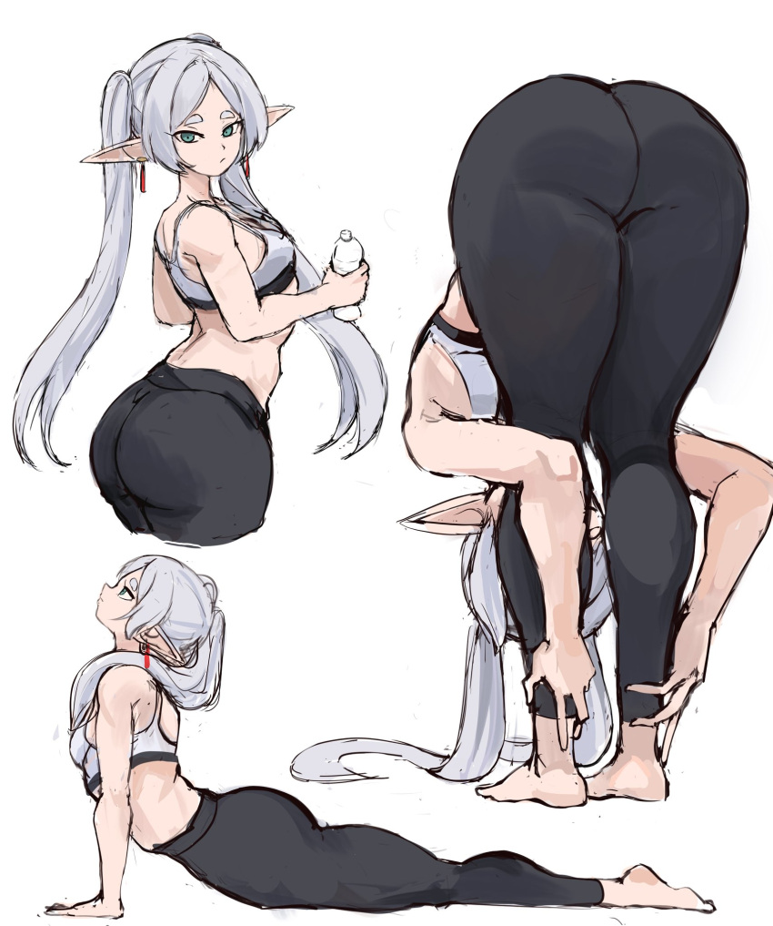 1girl, ass, bent_over, bottle, curvy, elf, exercising, flexible