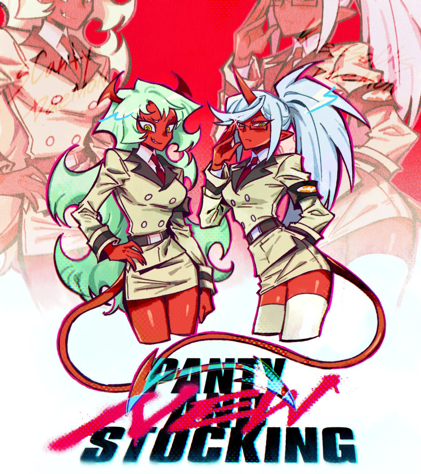 2girls, blue_hair, breasts, colored_skin, demon_girl, demon_horns, good_meal, green_eyes