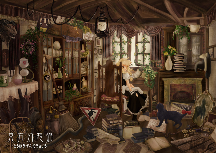 animal, basket, blonde_hair, book, bow, broom, buta_(jason13dead), cat, chair, cupboard, desk, fireplace, flash, flower, flowers, hat, hat_removed, headwear_removed, highres, kirisame_marisa, lamp, lantern, looking_back, messy, messy_room, mirror, mushroom, reflection, room, sign, sitting, solo, touhou, vase, window, witch, witch_hat