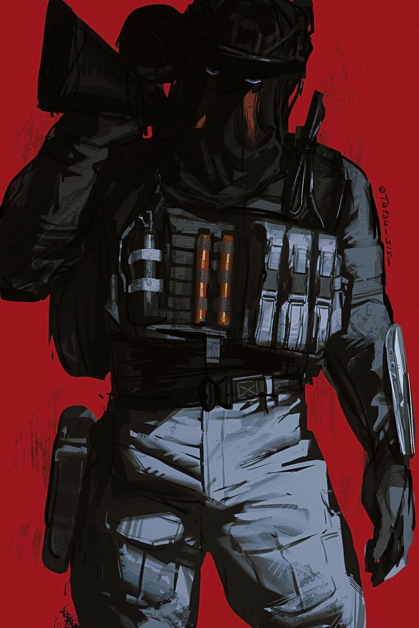 1boy, absurdres, black_mask, black_pants, blue_eyes, call_of_duty, covered_face, gun