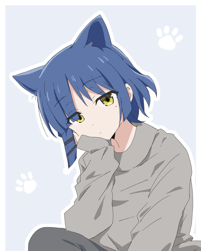 1girl, animal_ears, blue_hair, bocchi_the_rock!, cat_ears, closed_mouth, crossed_legs, elbow_rest