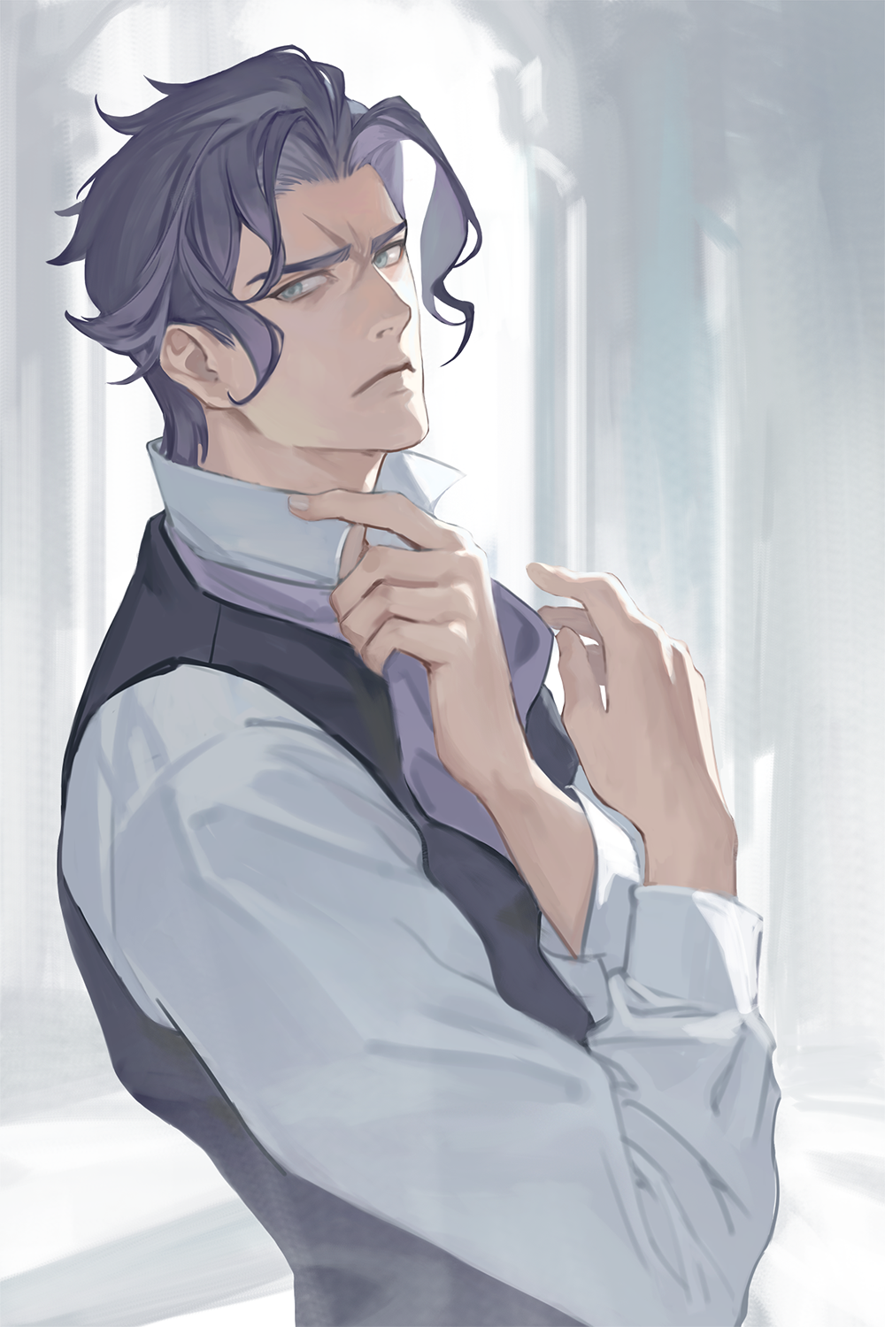 1boy, ace_attorney, adjusting_ascot, ascot, barok_van_zieks, black_vest, blue_eyes, chinese_commentary, closed_mouth, collared_shirt, commentary_request, cross_scar, curtained_hair, from_side, hands_up, high_collar, highres, long_sleeves, looking_to_the_side, male_focus, parted_bangs, pingping93, purple_ascot, purple_hair, scar, scar_on_face, shirt, short_hair, sidelighting, solo, the_great_ace_attorney, vest, waistcoat, white_shirt