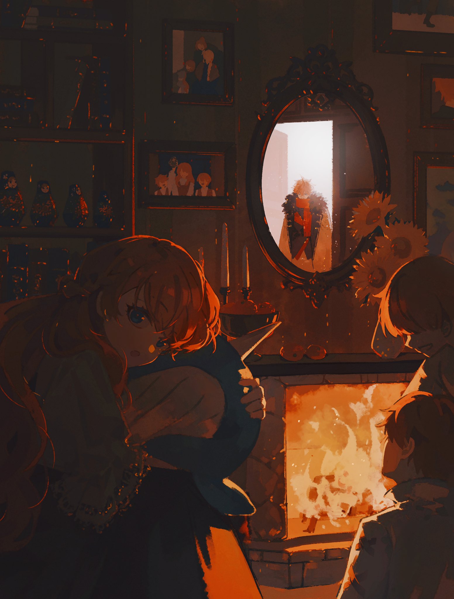 1girl, 3boys, :o, anthon_(genshin_impact), backlighting, black_skirt, blue_eyes, book, bookshelf, bowl, braid, brother_and_sister, brothers, candelabra, candle, candlestand, coat, commentary_request, dark, doorway, erdff720, family_portrait, fire, fireplace, flower, food, from_behind, from_side, fruit, fruit_bowl, fur-trimmed_coat, fur_trim, genshin_impact, hair_between_eyes, hair_over_shoulder, half_up_braid, highres, hugging_doll, hugging_object, lace-trimmed_sleeves, lace_trim, leaning_forward, long_hair, long_skirt, looking_at_viewer, mandarin_orange, matryoshka_doll, mirror, multiple_boys, open_mouth, orange_hair, photo_(object), picture_frame, red_scarf, reflection, scarf, shirt, short_hair, siblings, skirt, smile, stuffed_narwhal, sunflower, swept_bangs, tartaglia_(genshin_impact), teucer_(genshin_impact), tonia_(genshin_impact), vase, wavy_hair, white_coat, white_shirt