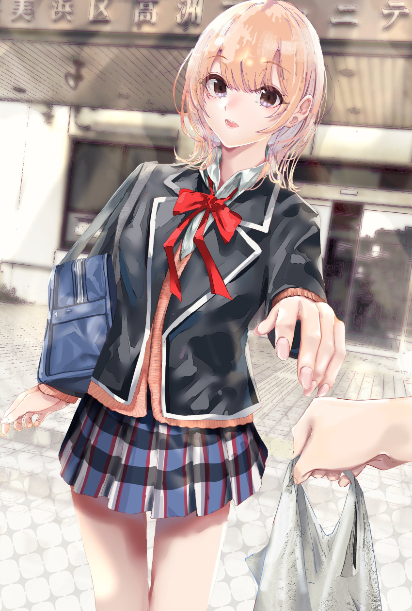 1girl, absurdres, bag, black_jacket, blazer, blonde_hair, brown_cardigan, brown_eyes