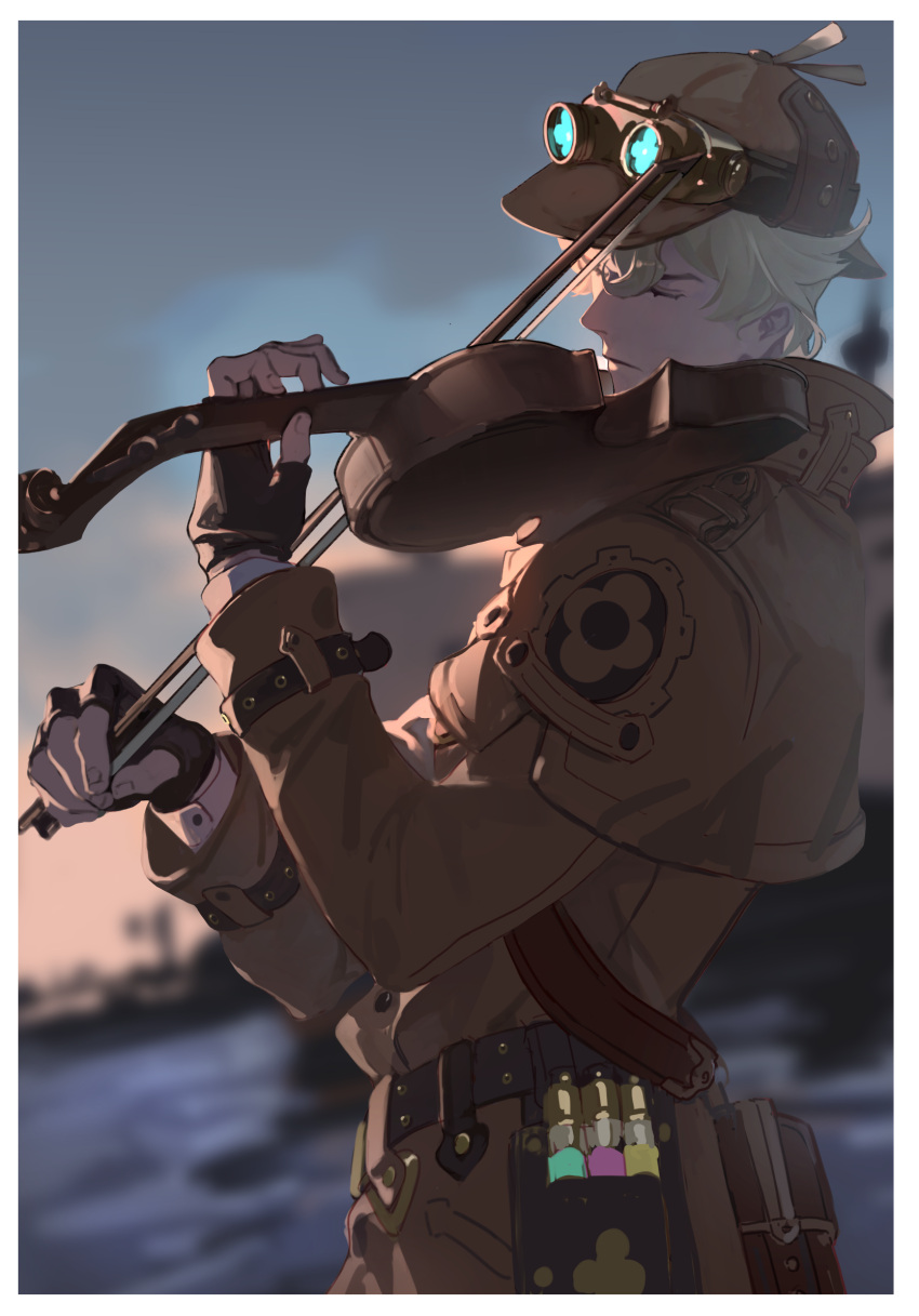 1boy, ace_attorney, belt, belt_pouch, black_belt, black_gloves, blonde_hair, blue_sky, blurry, blurry_background, bow_(music), brown_coat, brown_hat, chinese_commentary, closed_eyes, clouds, coat, commentary_request, deerstalker, depth_of_field, dusk, fingerless_gloves, fingernails, from_side, gloves, goggles, goggles_on_headwear, hand_up, hat, herlock_sholmes, highres, holding, holding_instrument, holding_violin, instrument, long_sleeves, male_focus, music, pingping93, playing_instrument, pouch, short_hair, sidelighting, sky, solo, the_great_ace_attorney, vial, violin, water