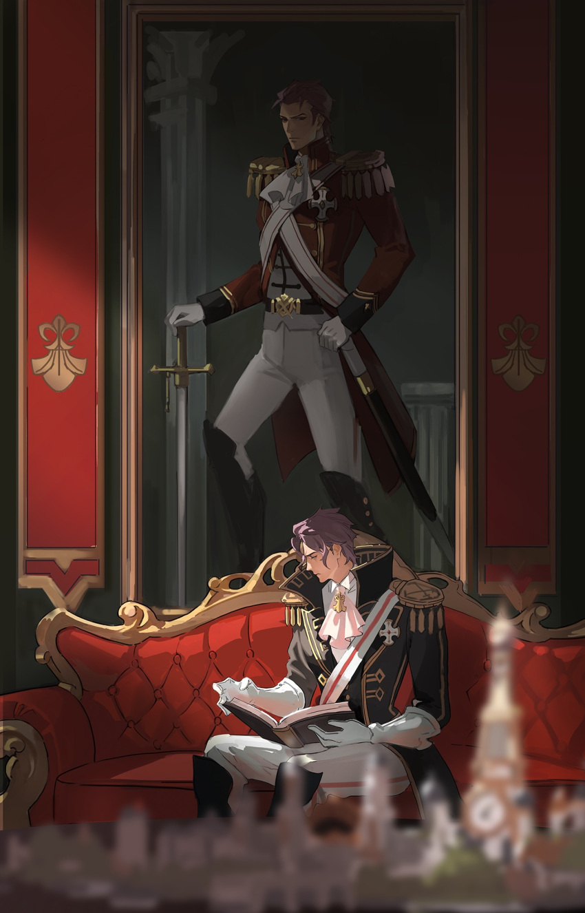 1boy, ace_attorney, aristocratic_clothes, arrow_cross, ascot, banner, barok_van_zieks, belt, belt_buckle, black_belt, black_boots, black_jacket, book, boots, buckle, buttons, chinese_commentary, closed_mouth, commentary_request, couch, cross, curtained_hair, elbow_gloves, epaulettes, gloves, greek_cross, hand_on_hilt, high_collar, highres, holding, holding_book, indoors, jacket, klint_van_zieks, knee_boots, lapels, long_sleeves, long_sword, looking_to_the_side, male_focus, model_building, on_couch, pants, pingping93, purple_hair, red_jacket, sash, scabbard, sheath, sitting, standing, striped_clothes, striped_pants, sword, the_great_ace_attorney, weapon, white_ascot, white_gloves, white_pants, white_sash, wide_shot