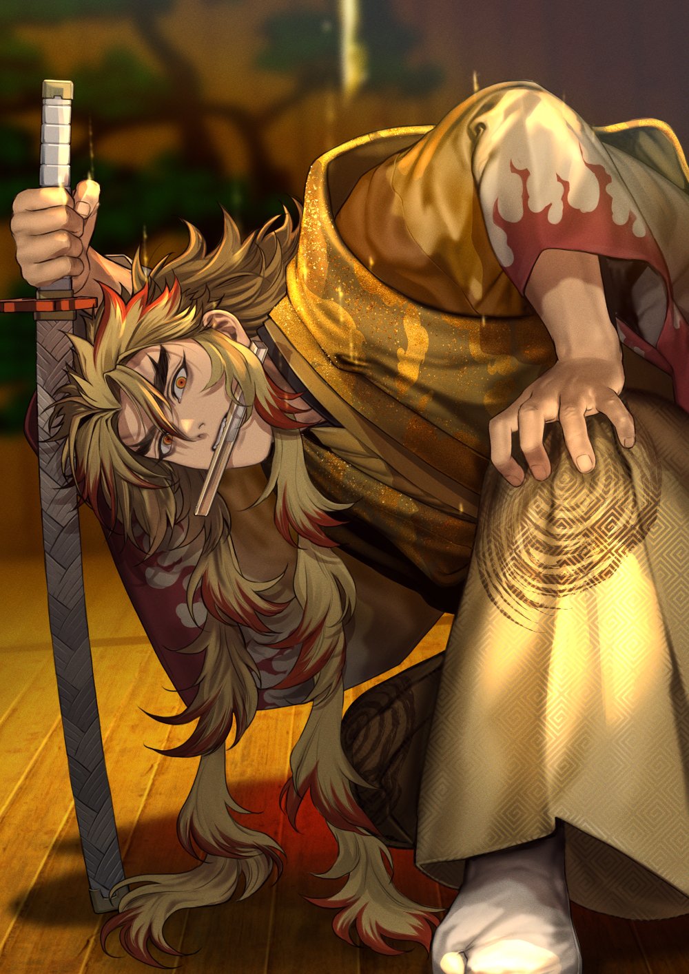 1boy, blonde_hair, fingernails, glitter, hassy_0225, highres, holding, holding_sword, holding_weapon, japanese_clothes, kimetsu_no_yaiba, kimono, long_hair, long_sleeves, looking_at_viewer, male_focus, mouth_hold, on_one_knee, orange_eyes, rengoku_kyoujurou, solo, sword, weapon, wide_sleeves, wooden_floor, yellow_kimono