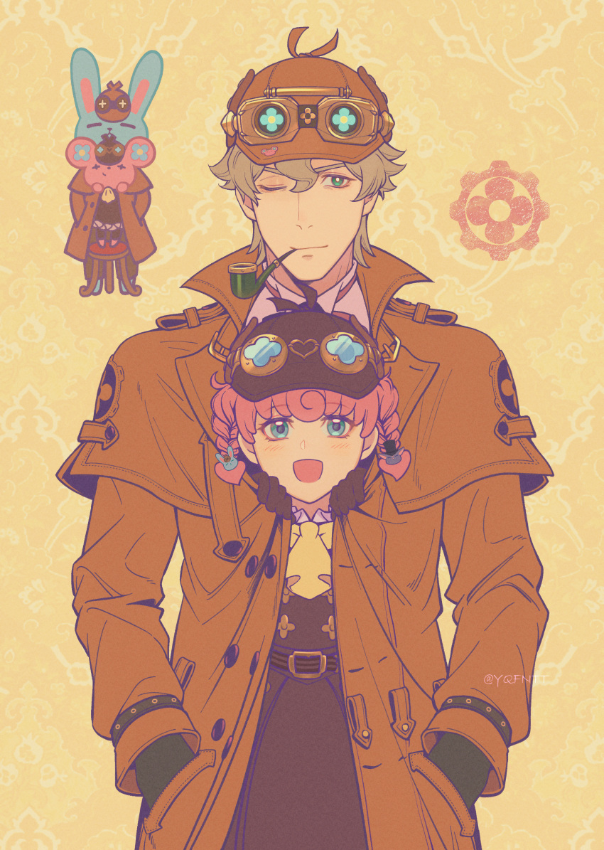 1boy, 1girl, :d, absurdres, ace_attorney, age_difference, alternate_hair_length, alternate_hairstyle, aqua_eyes, artist_name, ascot, belt, belt_buckle, black_belt, black_dress, black_gloves, blonde_hair, braid, bright_pupils, brown_coat, brown_hat, buckle, buttons, child, chinese_commentary, closed_mouth, coat, commentary_request, deerstalker, dress, gloves, goggles, goggles_on_headwear, green_eyes, hair_between_eyes, hands_in_pockets, hat, hat_sticker, heart, heart-shaped_hair, herlock_sholmes, highres, iris_wilson, kaze_(yznyttdgs), kumaris, long_sleeves, looking_at_viewer, nyan_zieks, one_eye_closed, open_clothes, open_coat, open_mouth, pink_hair, pipe_in_mouth, shared_clothes, shared_coat, short_hair, short_twintails, smile, smoking_pipe, sticker, straight-on, the_great_ace_attorney, twin_braids, twintails, upper_body, usalock, white_pupils, yellow_ascot, yellow_background