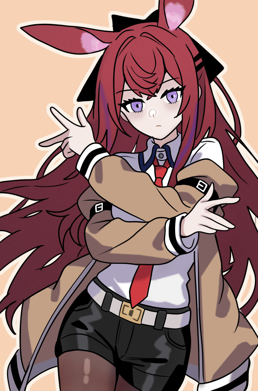 absurdres, animal_ears, arknights, belt, black_shorts, brown_background, brown_jacket, brown_pantyhose