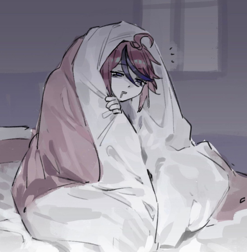 1boy, ahoge, bags_under_eyes, black_hair, blanket, chinese_commentary, colored_skin, commentary_request