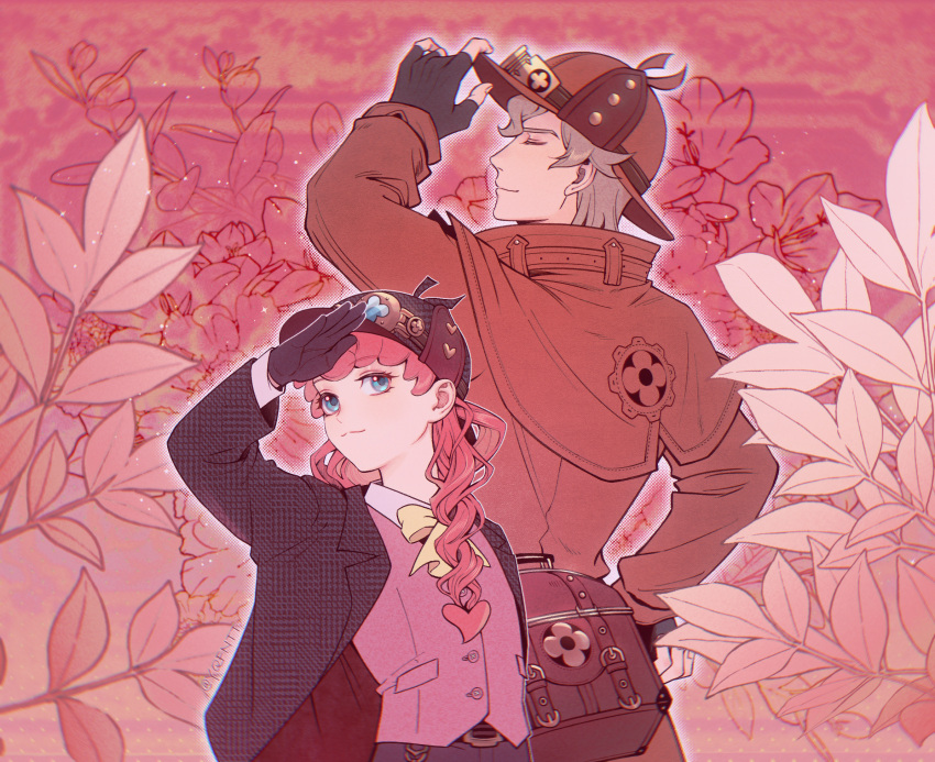 1boy, 1girl, ace_attorney, arm_up, bag, belt, belt_buckle, black_belt