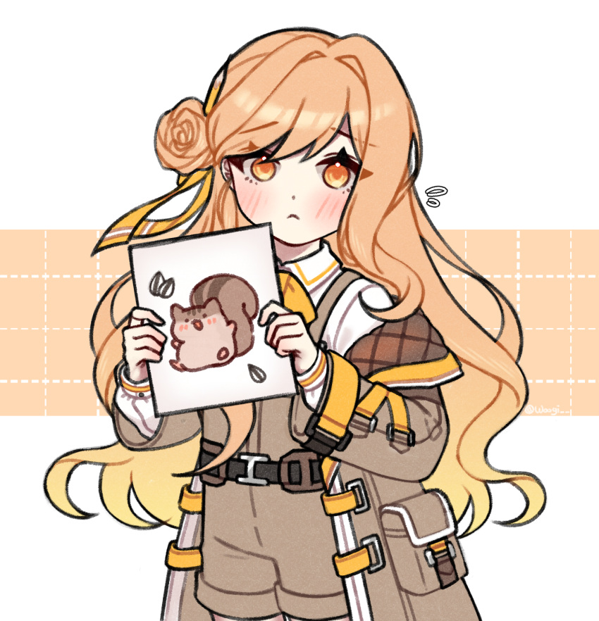 1girl, :<, belt, black_survival, blonde_hair, blush, bow, bowtie