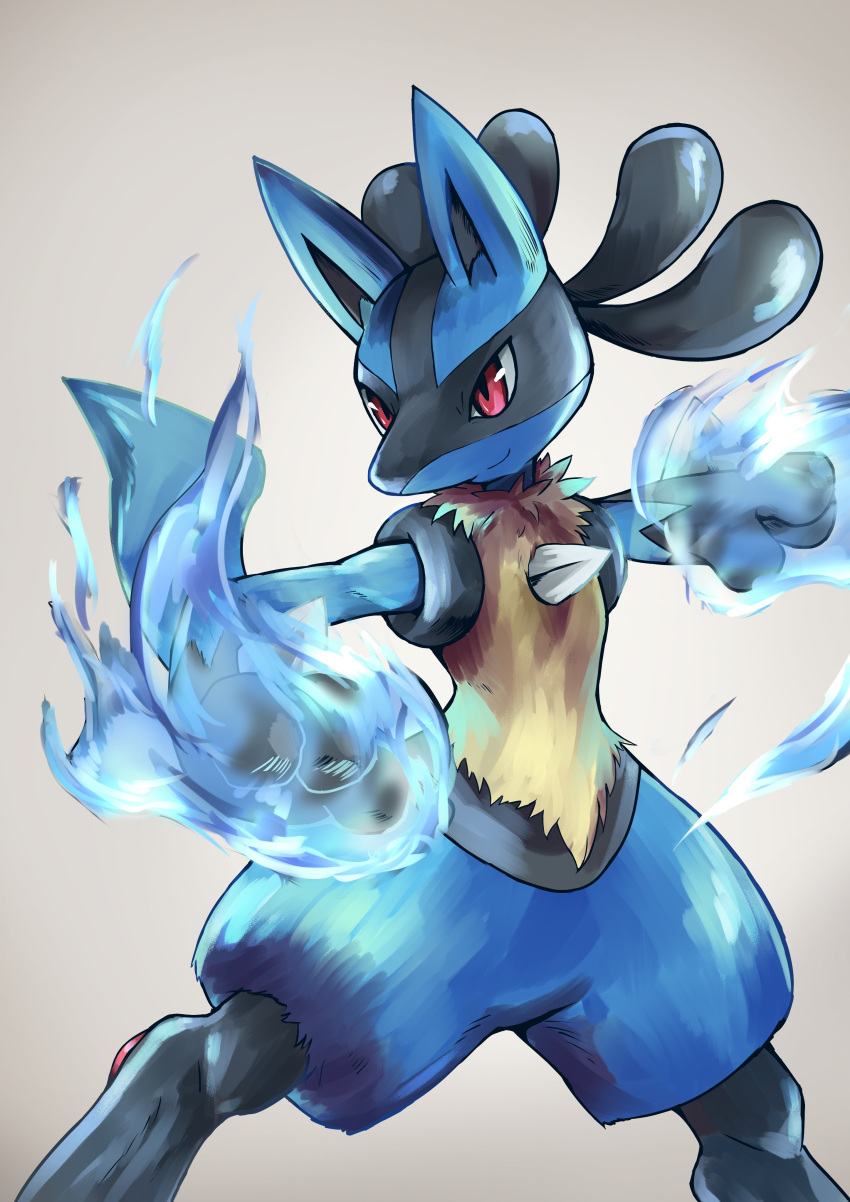 absurdres, aura, blue_fur, cowboy_shot, fighting_stance, grey_background, highres, lucario
