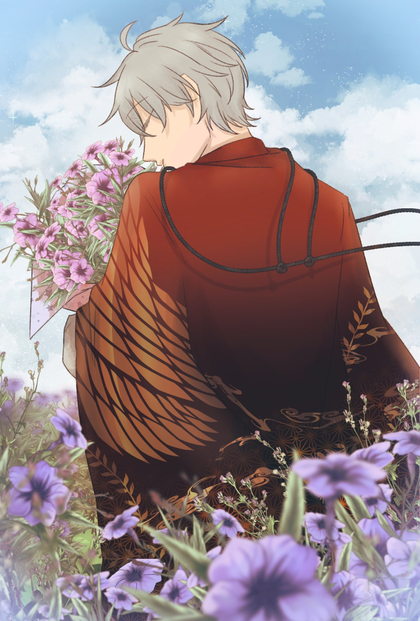 1boy, bouquet, closed_eyes, closed_mouth, clouds, day, field, flower